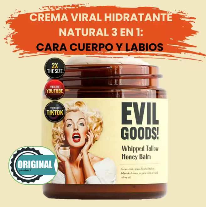 EVIL GOODS, CREMA DE SEBO DE RES, HIDRATA, CARA, LABIOS Y ELIMINA EL ACNE Y LAS ARRUGAS